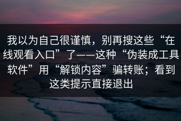 我以为自己很谨慎，别再搜这些“在线观看入口”了——这种“伪装成工具软件”用“解锁内容”骗转账；看到这类提示直接退出