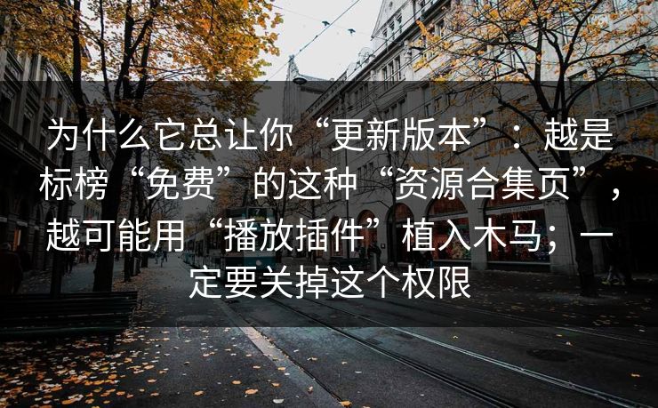 为什么它总让你“更新版本”：越是标榜“免费”的这种“资源合集页”，越可能用“播放插件”植入木马；一定要关掉这个权限